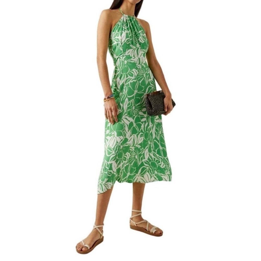 Faithful the Brand Green Taormina Floral Crepe Halter Neck Midi Dress XS